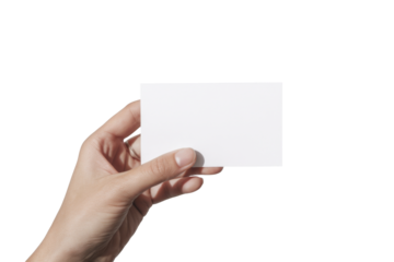 hand holding blank white card on white background