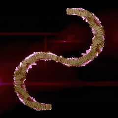 Geometric 3d rendering illustration with a wavy element composed of shiny metallic rectangles