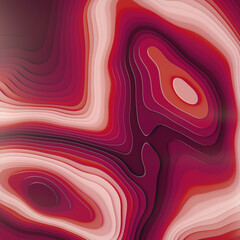 Digital illustration of abstract landscape with a pattern of intricate topographic lines in red color. 3d rendering