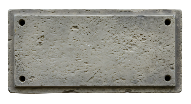 Weathered stone plaque with four holes on a transparent background exhibits a rough surface, ideal for graphic design or historical presentation.
