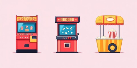 Obraz premium Colorful Vintage Arcade Machines and Popcorn Stand on Soft Pink Background