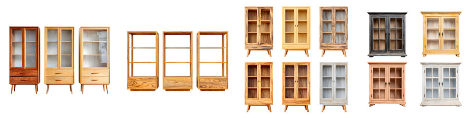 Collection of Wooden Display Cabinets on White Background, Various Styles & Finishes, Furniture for Home Decor & Storage Solutions, Isolated