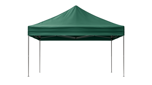 A green canopy tent structure with metal legs isolated against a transparent background in a studio shot