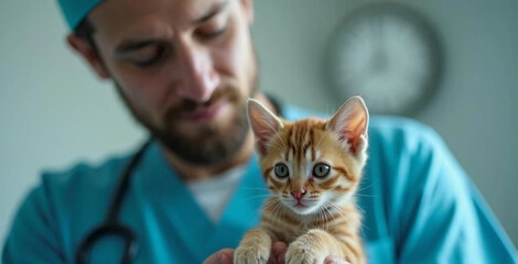Cute small kitten at the vet. Close up. 