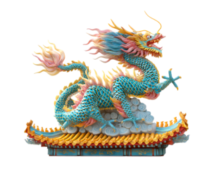 Ornate dragon statue, golden and red in color with yellow scales isolated on a transparent background