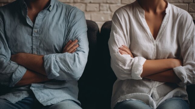 The couple sitting side by side with crossed arms, illustrating conflict and tension. - Powered by Adobe