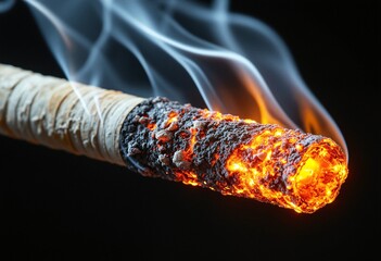 A stark close-up of a burning cigarette with glowing embers and plumes of toxic smoke, vividly illustrating the dangers of smoking