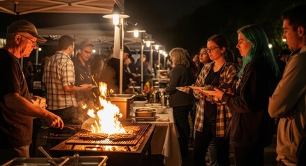 Outdoor evening barbecue gathering with diverse young adults enjoying grilled food