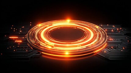 Obraz premium Futuristic circular orange-hued structure with concentric rings emitting warm light against dark background, surrounded by intricate circuit-board patterns and glowing dots.