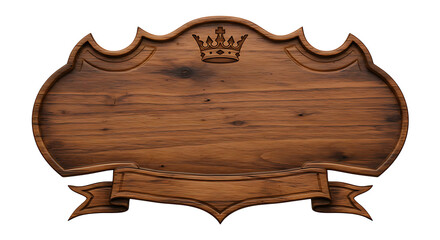 Crafted wooden sign with a crown, perfect for vintage designs, restaurant menus or pub signage with its rustic texture and blank space.