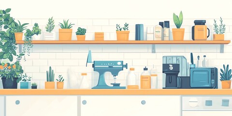 Modern Kitchen Counter with Coffee Machine and Potted Plants in Bright Home Interior