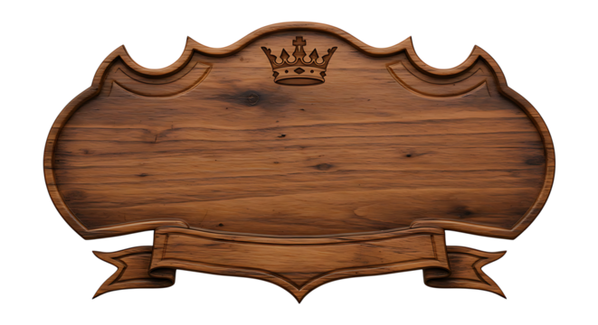 Crafted wooden sign with a crown, perfect for vintage designs, restaurant menus or pub signage with its rustic texture and blank space.