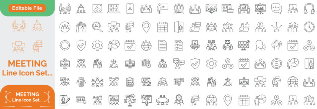 Meeting Big Line icon set. Contains related to consultation, meeting, social, video, call, room, meet and more. Minimalist set of line pictogram. Editable stroke. Vector illustration.