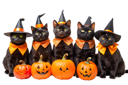 Group of Black Cats Wearing Witch Hats and Bow Ties with Pumpkins on transparent background