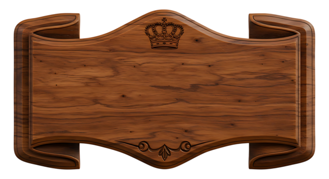 Ornate wooden banner with a crown and carved floral details, perfect for adding a touch of royalty to your design project. - Powered by Adobe