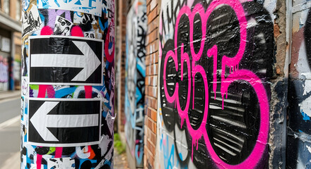 Naklejka premium Urban Landscape With Graffiti Covered Surfaces And Directional Arrow Signage
