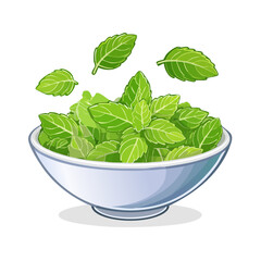 A bowl overflowing with fresh mint leaves, some floating in the air