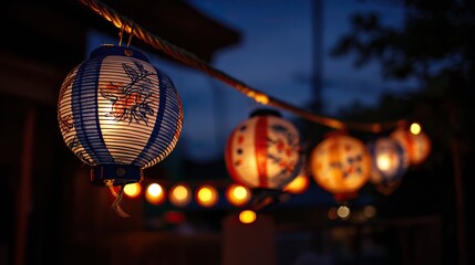 Traditional Japanese paper lanterns hanging on ropes at night, glowing lights symbolizing summer festival celebrations and cultural ambiance