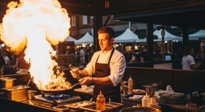 Male chef cooking with fire at outdoor food festival in evening market