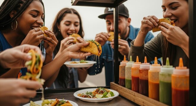 Diverse group enjoying tacos at outdoor food stand with assorted sauces