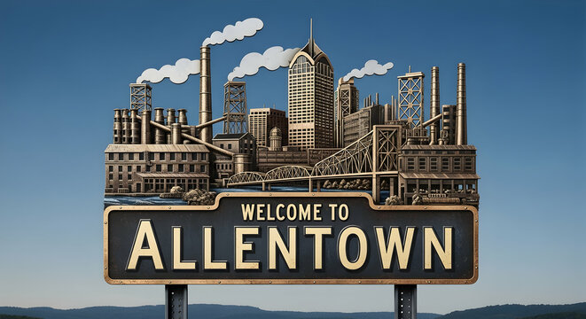Welcome To Allentown Pennsylvania Industrial Cityscape Sign Against A Blue Sky