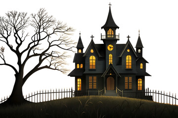 Obraz premium Spooky Halloween Haunted House with Bare Tree and Fence on Transparent Background