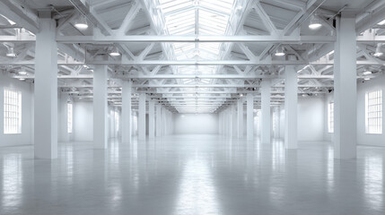 Modern clean white massive empty factory wall, bright lights symmetrical. 3d illustration.