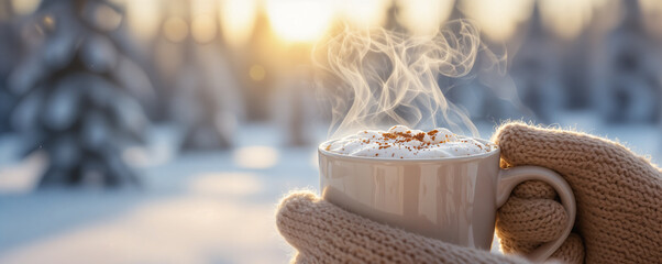 Hands in knitted mittens holding a steaming mug of hot chocolate with whipped cream and cinnamon in a snowy winter forest at sunset, Winter Comfort
