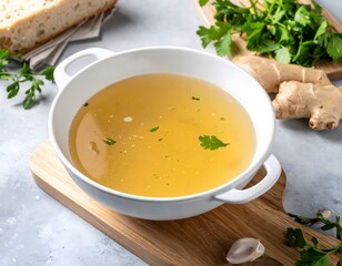 Delicious broth served in a white bowl, garnished with fresh herbs, perfect for warming meals and comforting recipes.