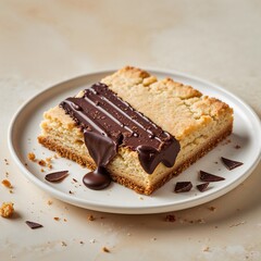 A slice of buttery shortbread with a drizzle of chocolate.