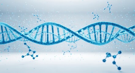 DNA strand in blue and white background with abstract helix and science elements