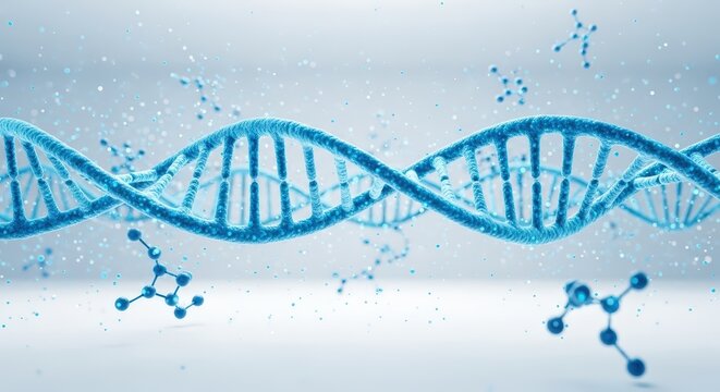 DNA strand in blue and white background with abstract helix and science elements