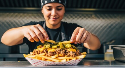 Hispanic female chef preparing loaded bbq fries with cheese and jalapenos in food truck