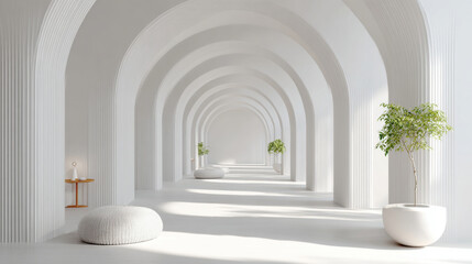minimalist environment modern arch, clean lines, neutral color palette, minimal decorative elements, bright lighting. 3d illustration.