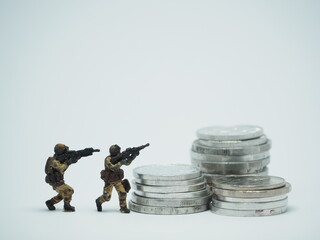 Mini toy of action figure at outdoor with blurred background. Miniature photography concept design....