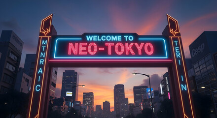 Welcome To Neo Tokyo A Modern Cityscape With Neon Sign Gateway