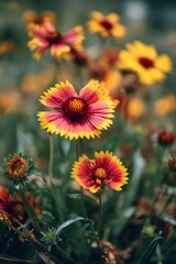 Vibrant Gaillardia flowers displaying bright red and yellow petals, growing densely within verdant garden landscape