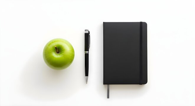 Still Life of a Notebook, Pen, and Apple: A minimalist composition featuring a sleek black notebook, a polished pen, and a crisp green apple, artfully arranged in a clean and modern aesthetic.