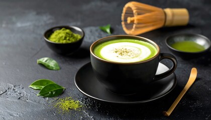A beautifully presented cup of matcha tea surrounded by matcha powder and green leaves, ideal for wellness and health promotions.