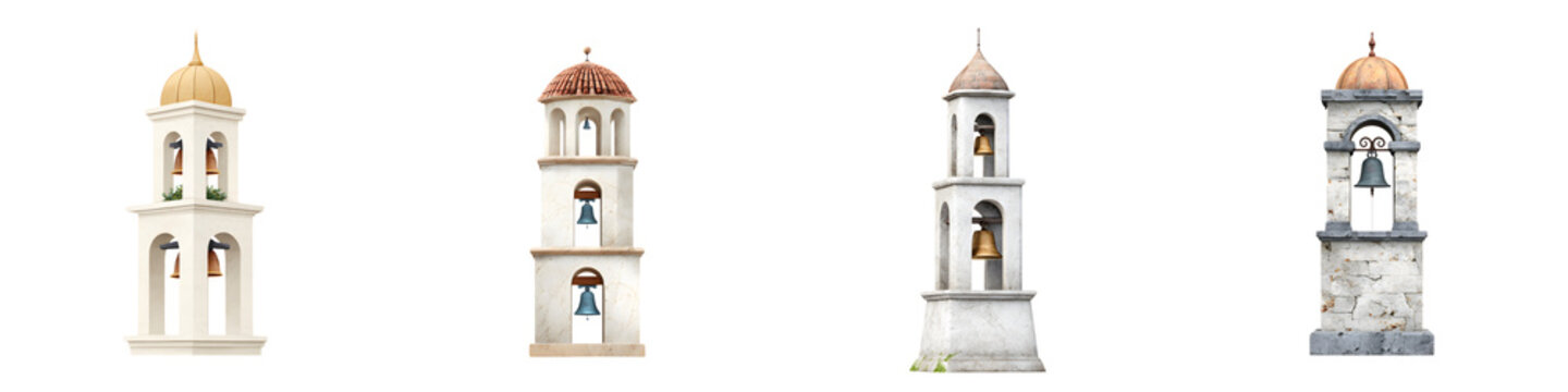 Watercolor Church Bell Towers Collection: Historic Religious Architecture on White