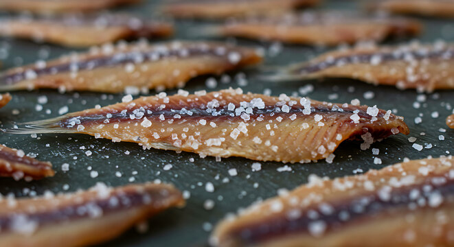 Industrial drying of anchovies (Croatia). anchovy fillets drying in climate-controlled chambers, salt crust formation
