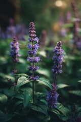 Vibrant purple salvia flowers thriving in a natural garden setting, illuminated by soft, diffused light