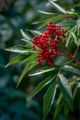 Sambucus plant bearing vibrant red berry clusters nestled within verdant foliage, growing in organic garden landscape