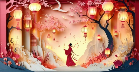 Papercut style scene depicts woman amidst lanterns, trees, blossoms. Festive atmosphere with intricate details, warm colors dominate composition.