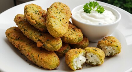 A plate of fried pickles with ranch for dipping.
