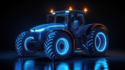 Futuristic tractor, outlined in glowing blue light