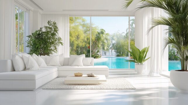 white modern living room with large windows and tropical pool view in daylight