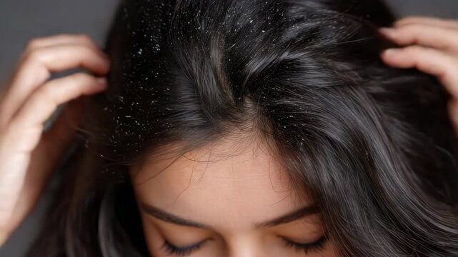 Dandruff flakes on dark hair scalp close up showing dry scalp skin and hair with hands touching itchy head causing discomfort and flakes