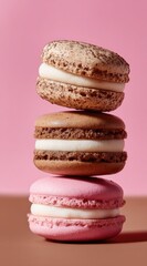 Three delicately stacked macarons, light brown, dark brown, and pink, with creamy white filling, against a pink and brown backdrop