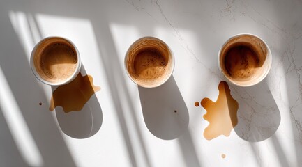 Three disposable coffee cups, one full, two empty, with spills on a light marble surface, sunlit